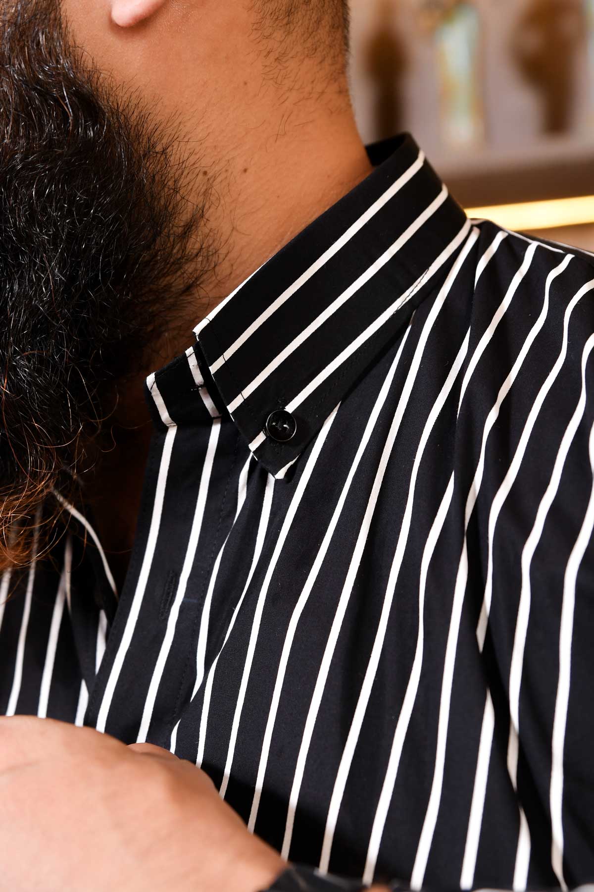 Vertcal Noir - Black White Striped Button Down Collar Shirt