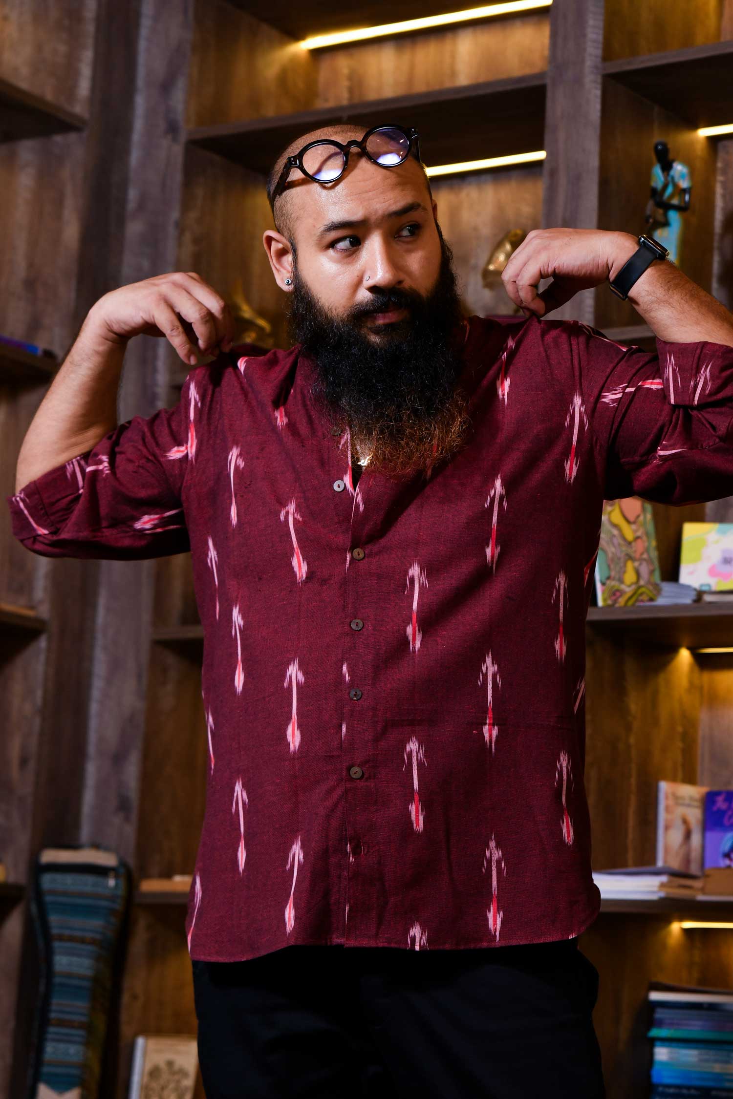 Rooh - Maroon Ikkat woven shirt