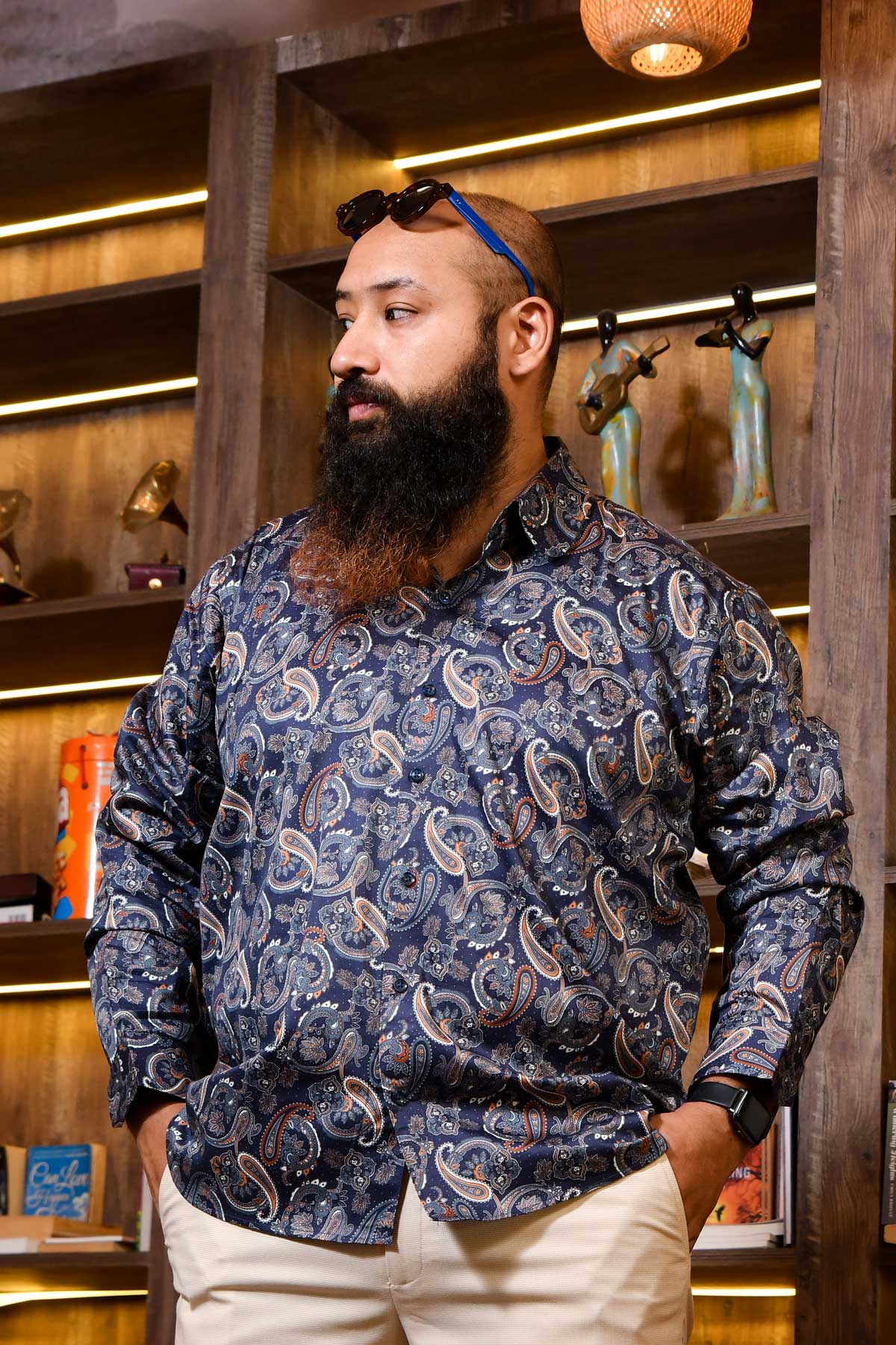 Wave - Navy Blue Printed Club Collar Giza Shirt