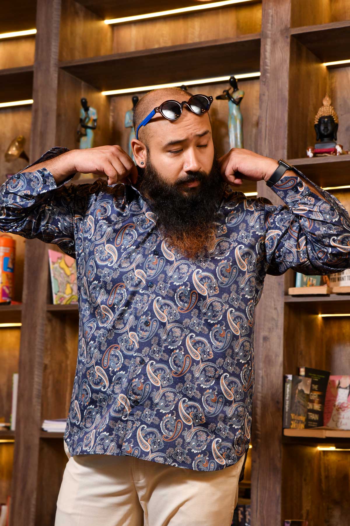 Wave - Navy Blue Printed Club Collar Giza Shirt