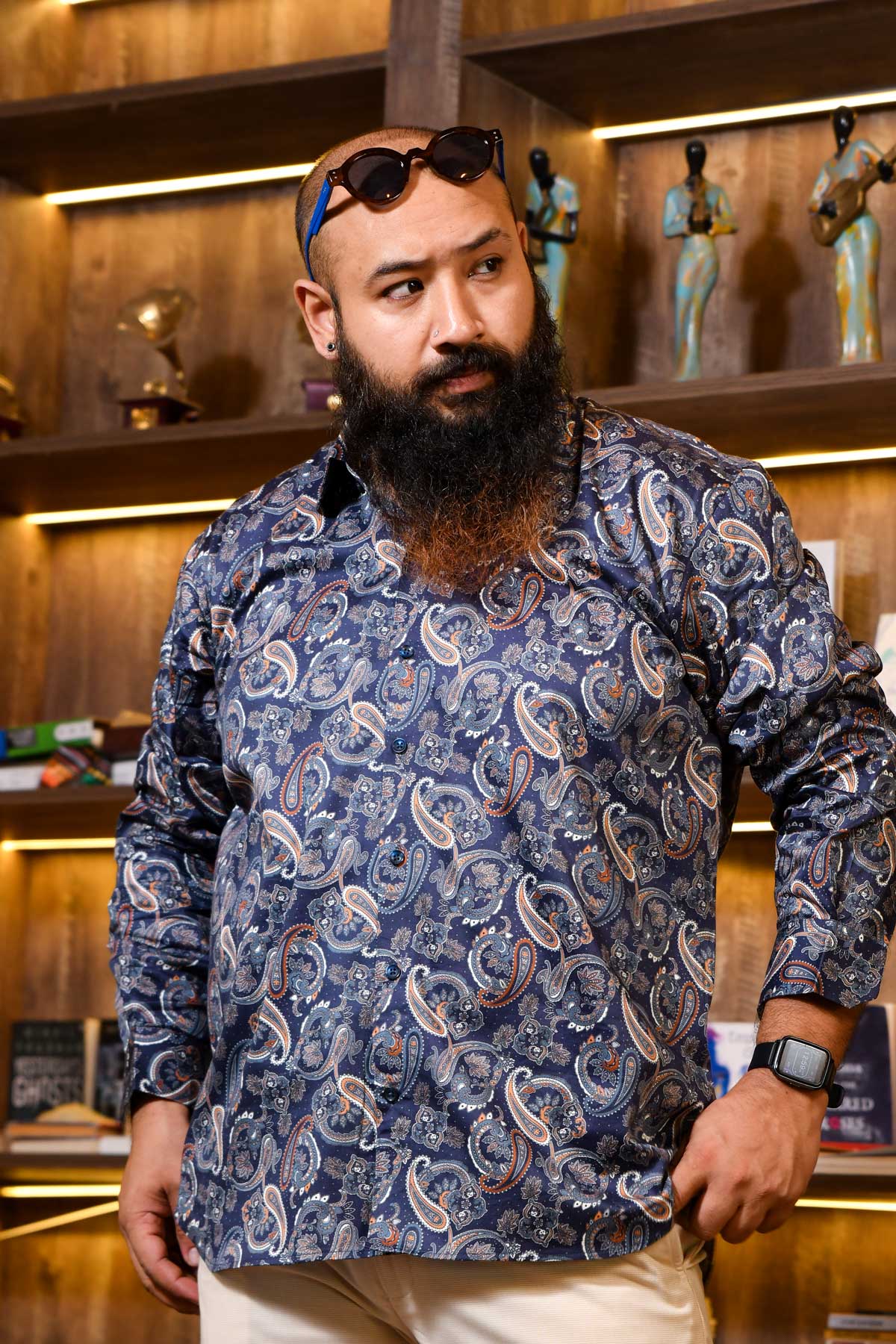 Wave - Navy Blue Printed Club Collar Giza Shirt