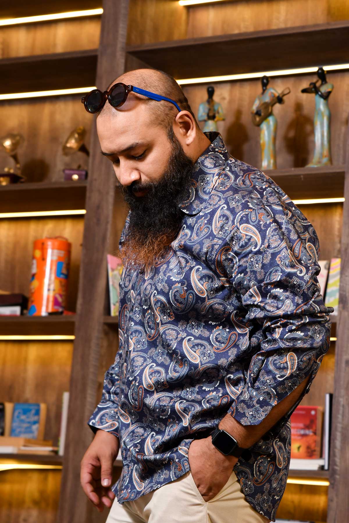 Wave - Navy Blue Printed Club Collar Giza Shirt