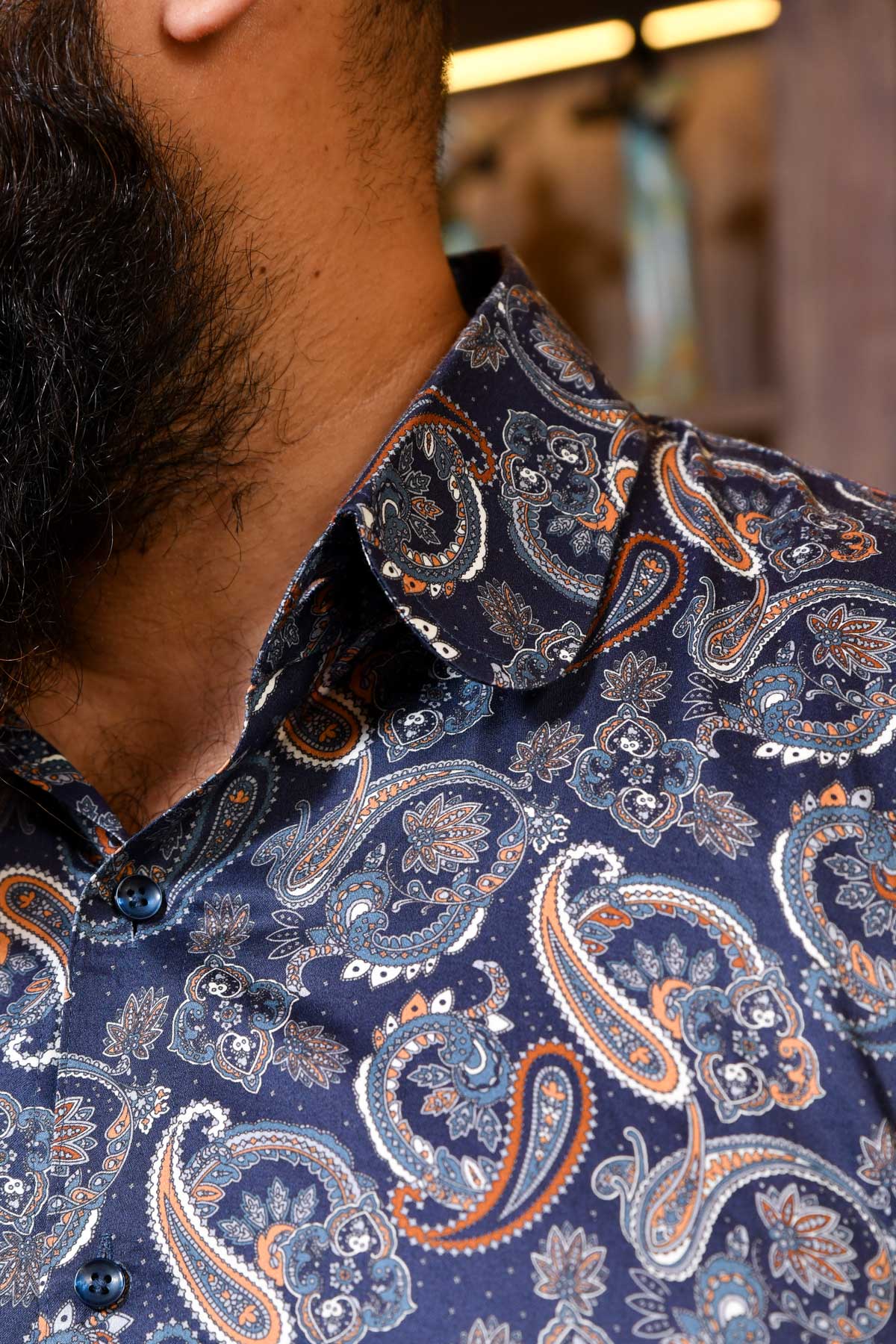 Wave - Navy Blue Printed Club Collar Giza Shirt