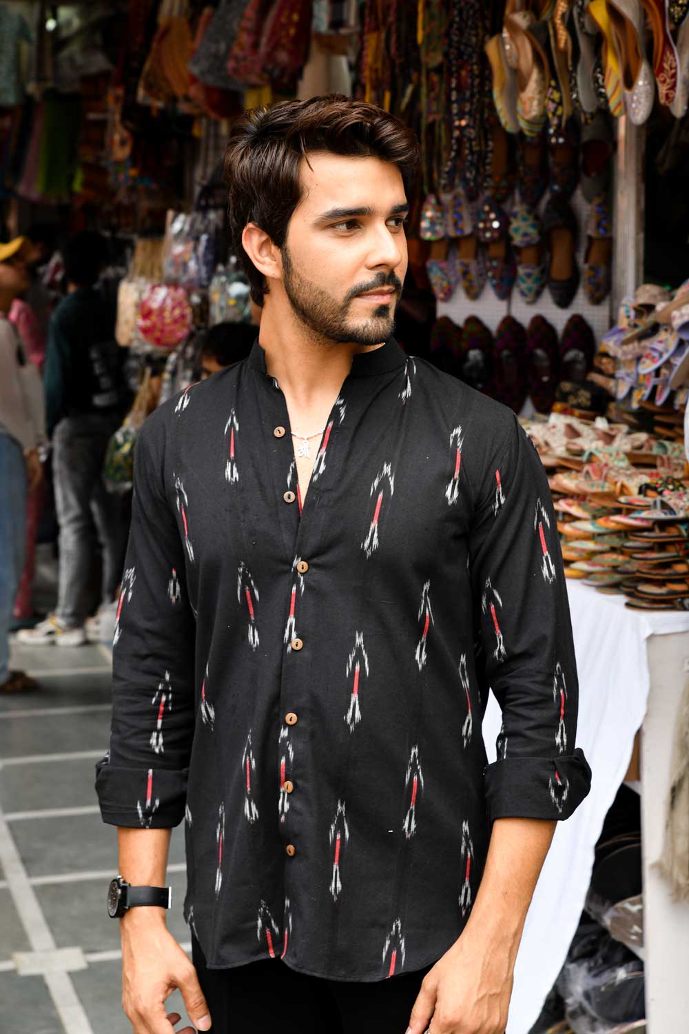 Raatri - Black and Pink Ikkat woven shirt