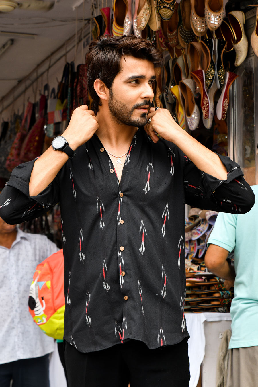 Raatri - Black and Pink Ikkat woven shirt