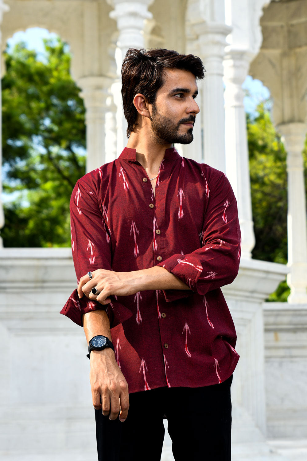 Rooh - Maroon Ikkat woven shirt