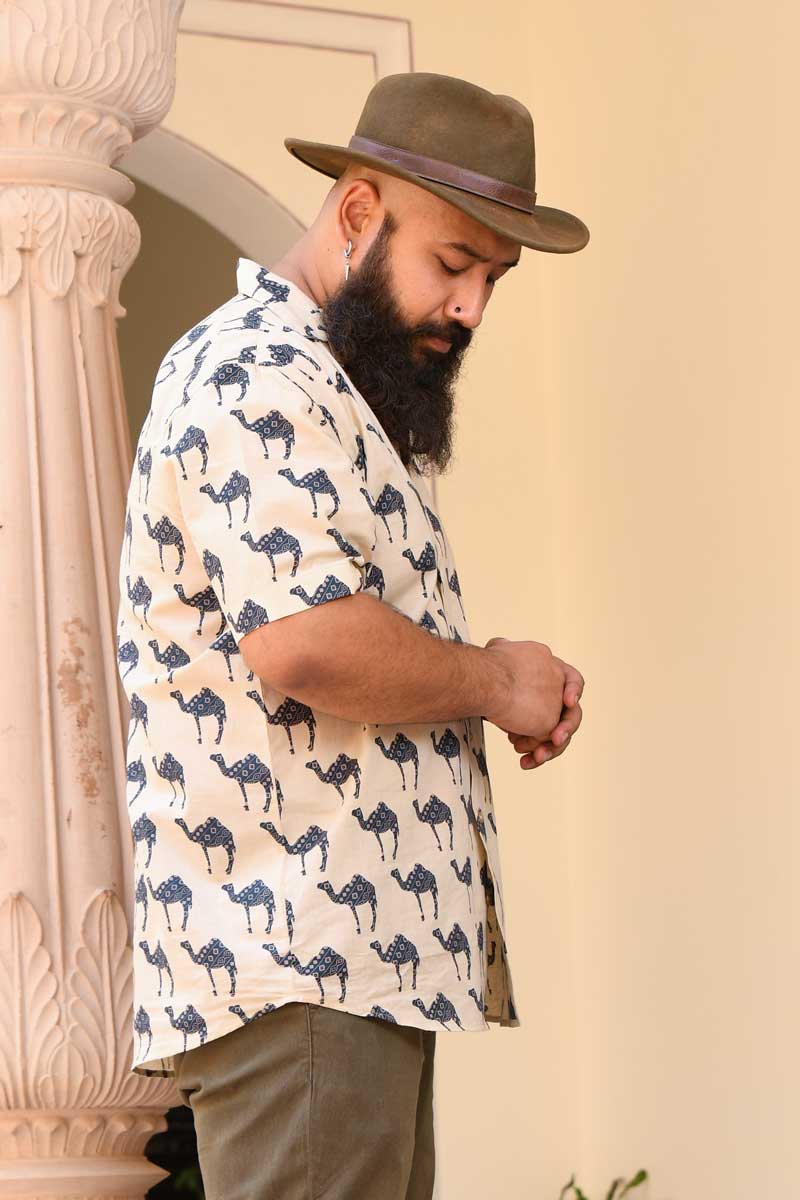 Desert Safari - Beige and Blue Camel Printed Cuban Collar Shirt