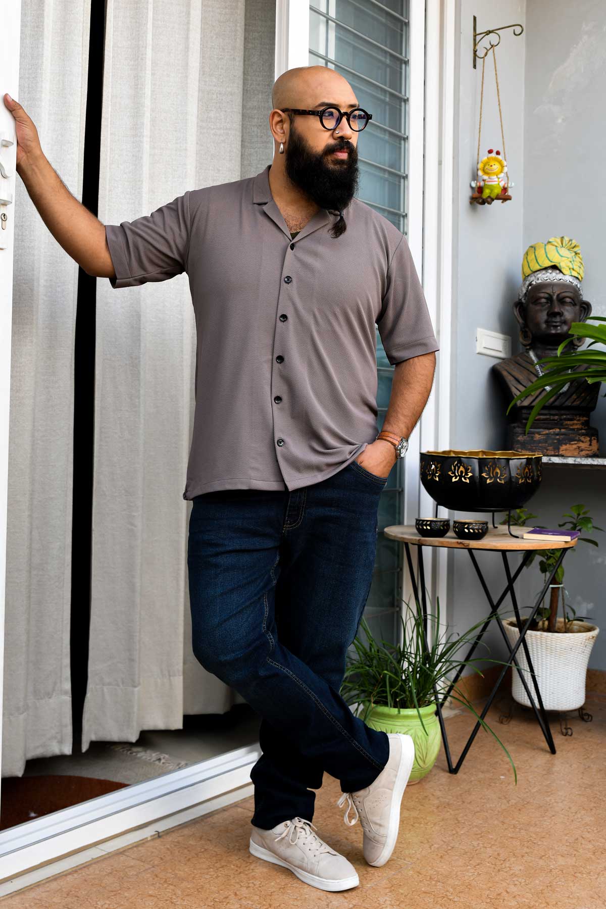 (Sizes-3XLGrey Cloud - Grey Self knitted 4-way Strechable Cuban Collar Shirt