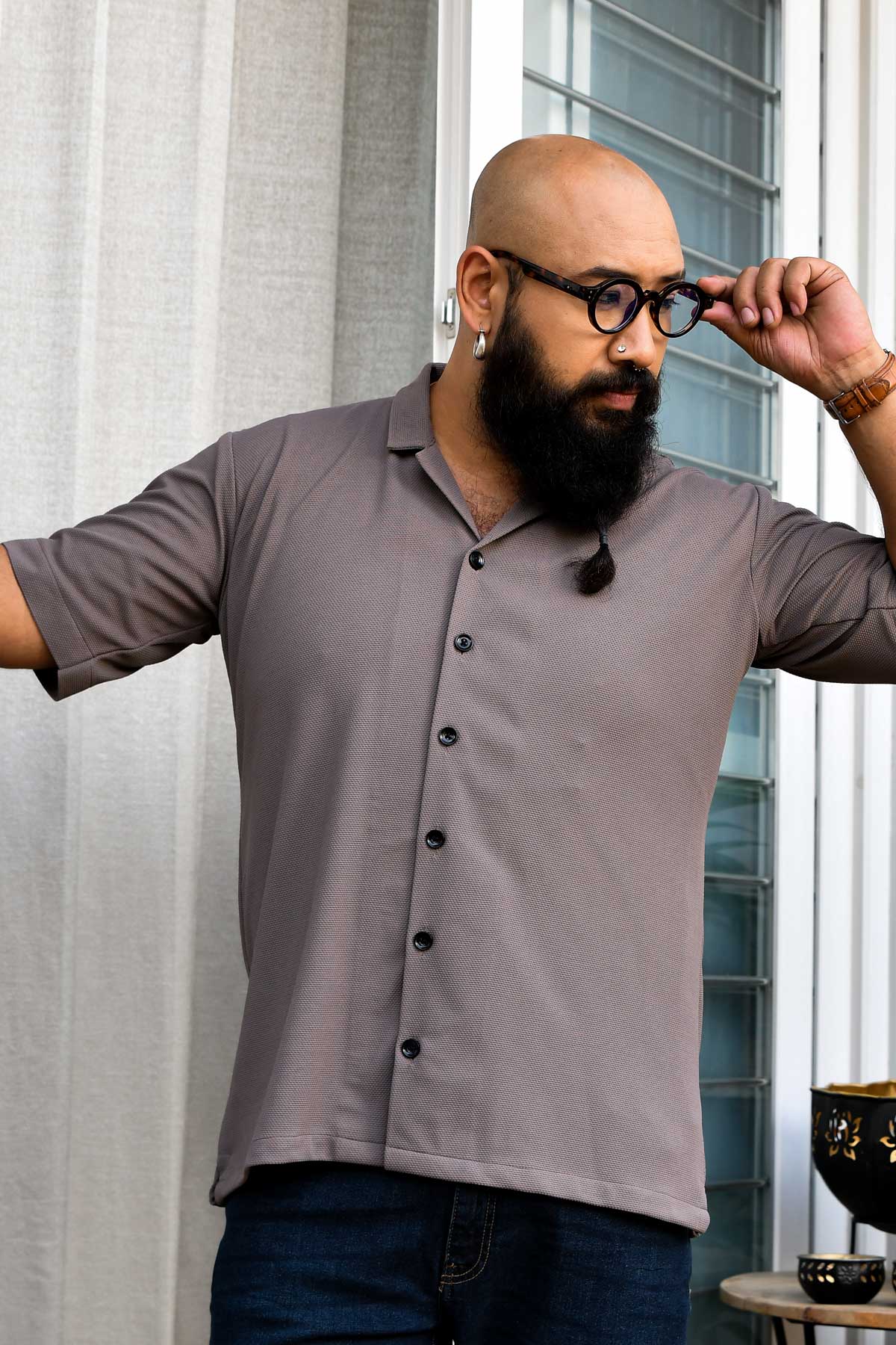 (Sizes-3XLGrey Cloud - Grey Self knitted 4-way Strechable Cuban Collar Shirt