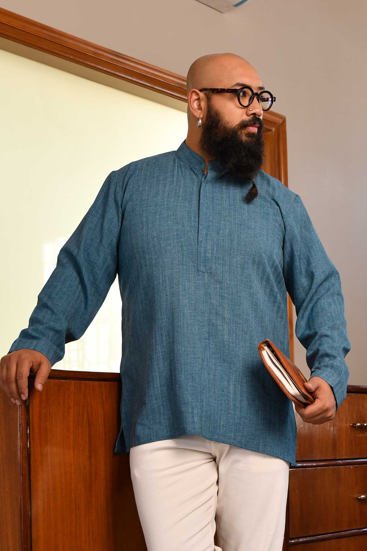 Slate Blue Self Texture Striped Short Kurta