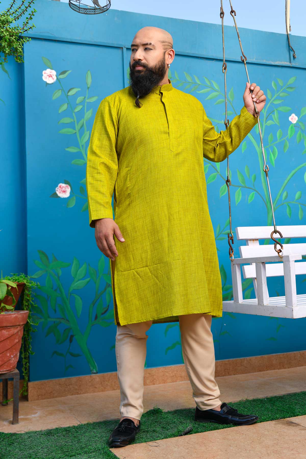 Heritage Mustard - Lime Green Khadi Cotton Blended Kurta