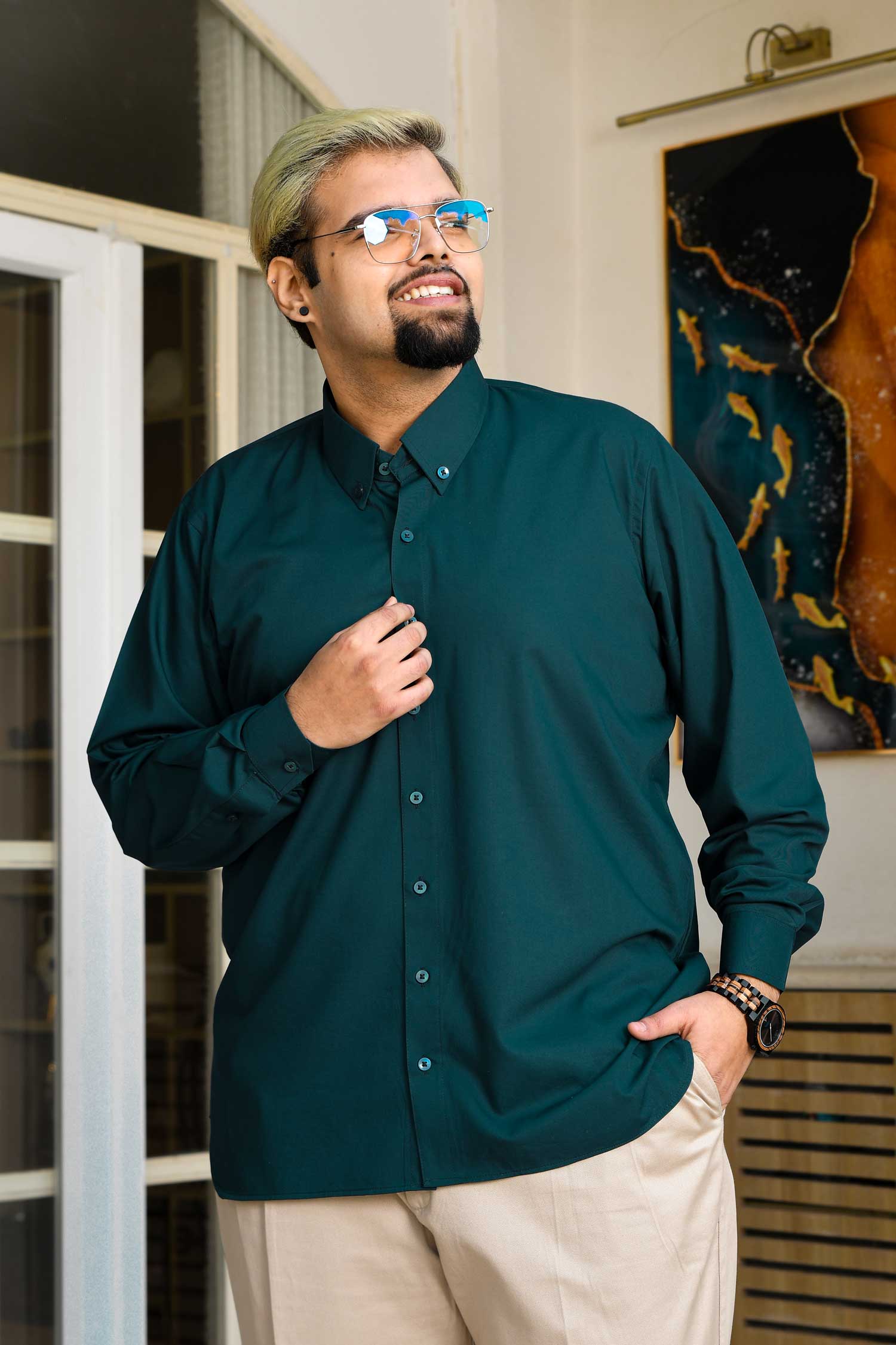 Dark Teal - Teal Button Down Collar Hypoallergic Bamboo Blend Shirt