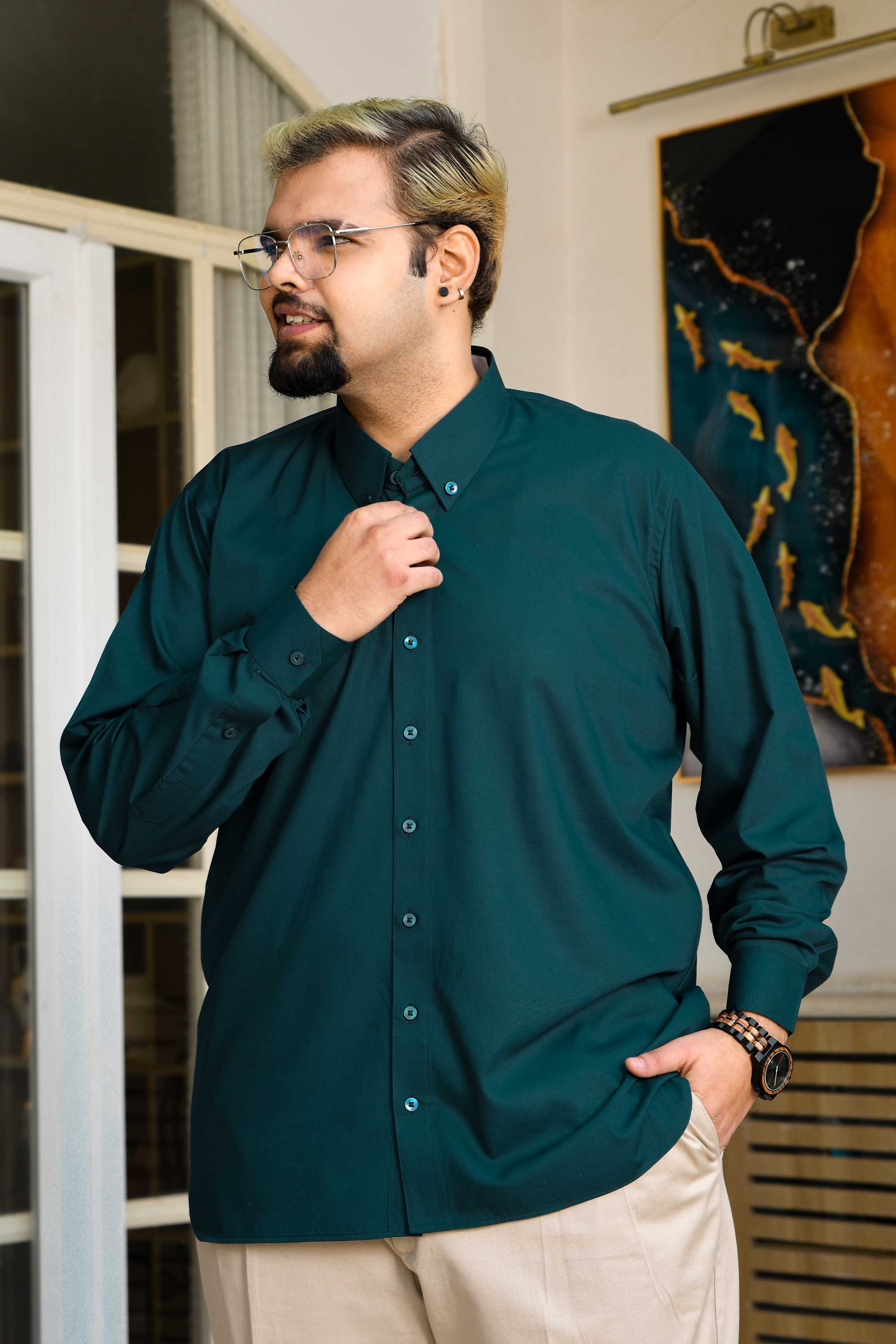 Dark Teal - Teal Button Down Collar Hypoallergic Bamboo Blend Shirt