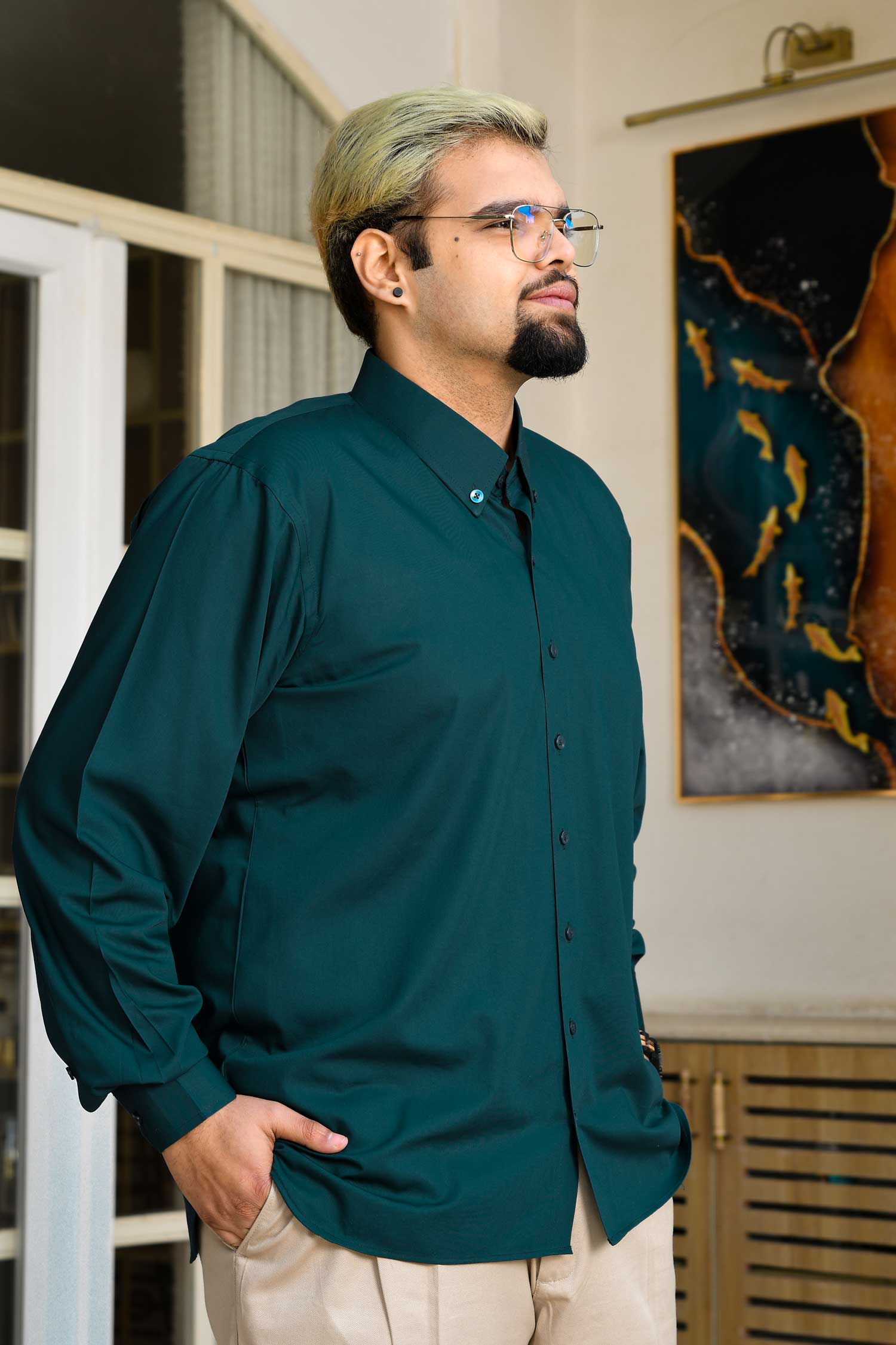 Dark Teal - Teal Button Down Collar Hypoallergic Bamboo Blend Shirt