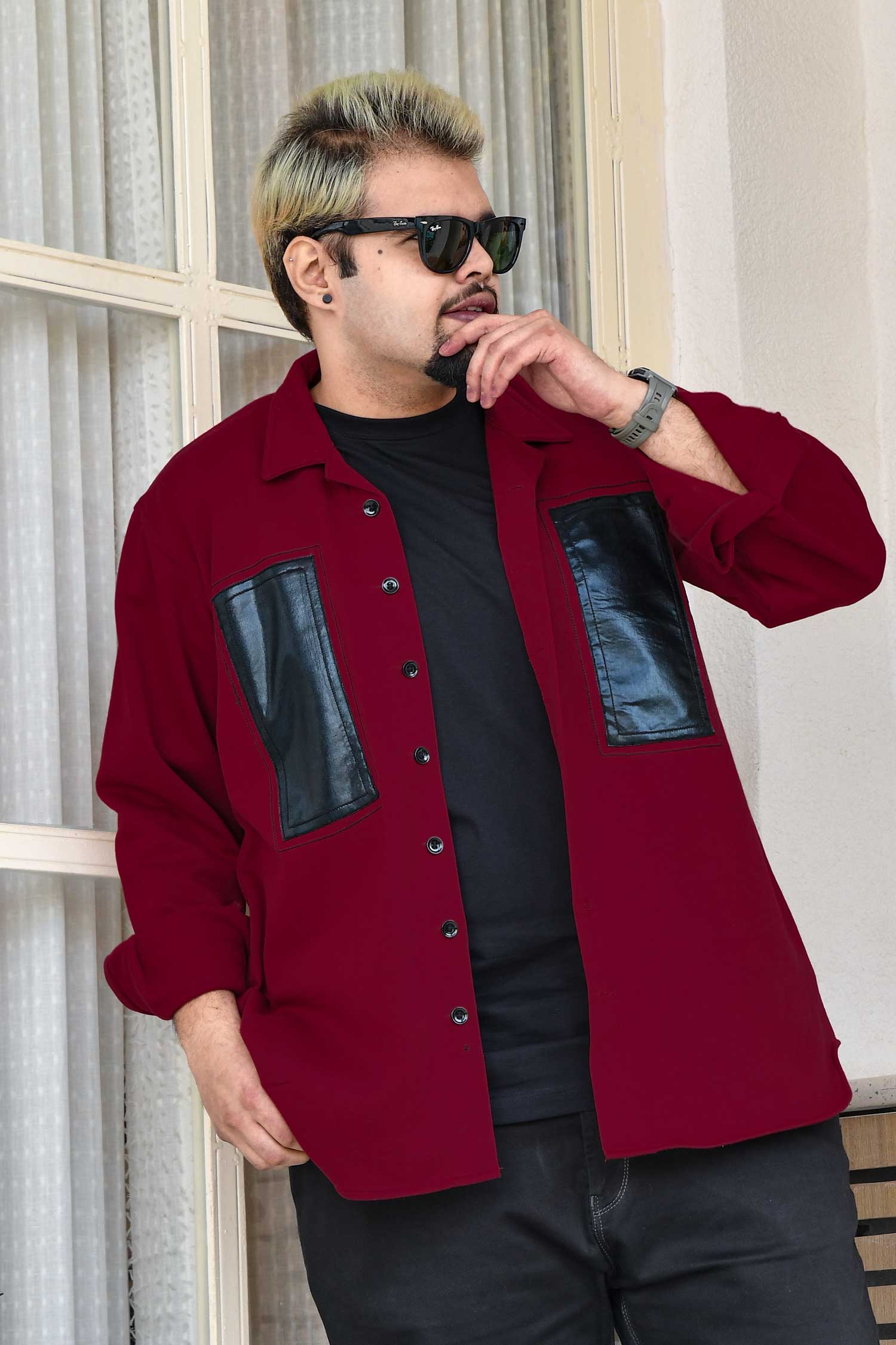 Crimson Edge - Maroon Black Detailed Woollen Fleece Shacket