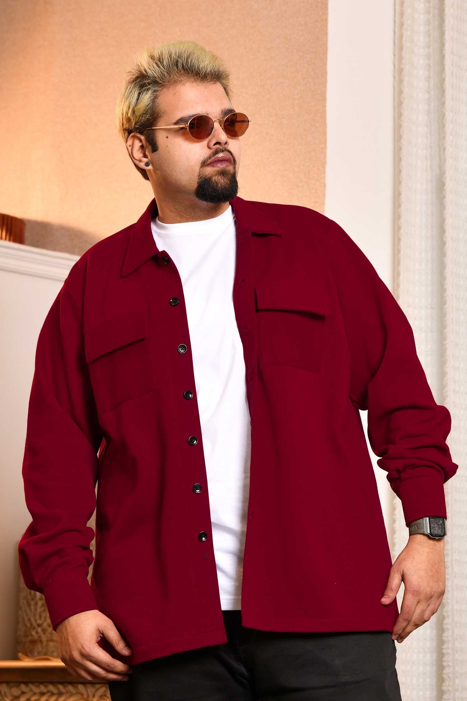 Firebrick - Maroon Pocketed Woollen Fleece Shacket