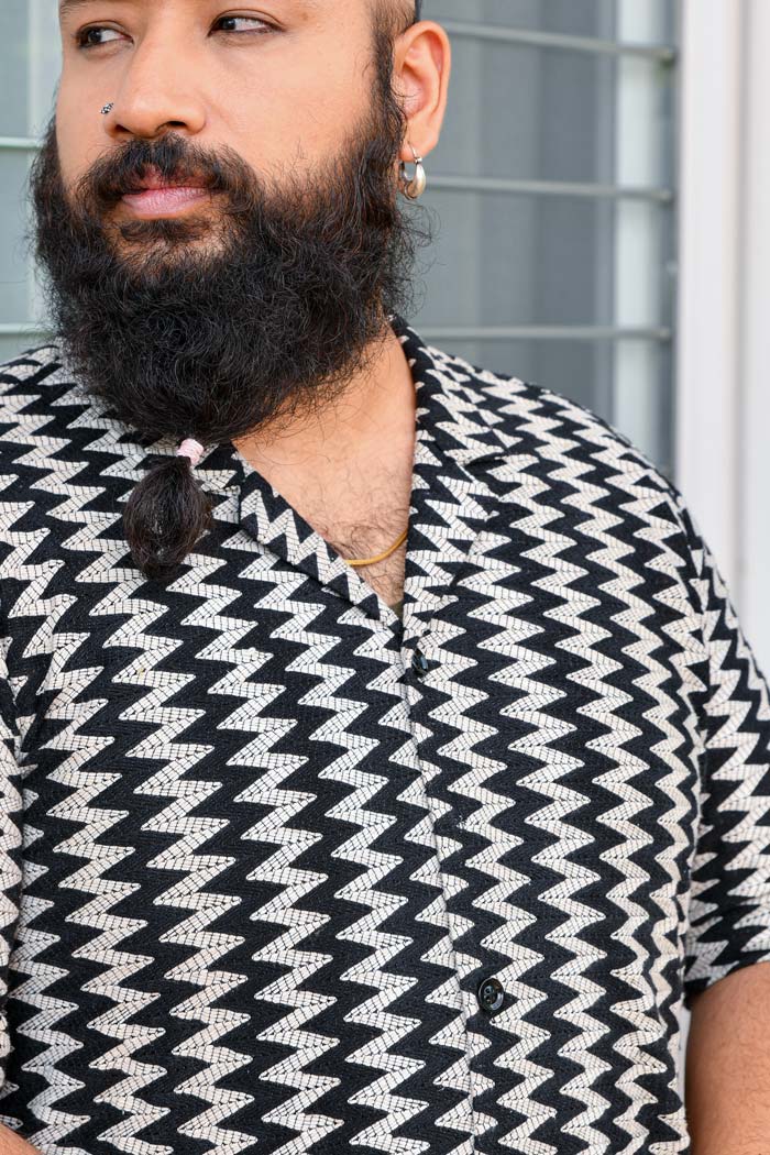 Waveset - Violet and Dark Beige Cuban Collar Crochet Shirt